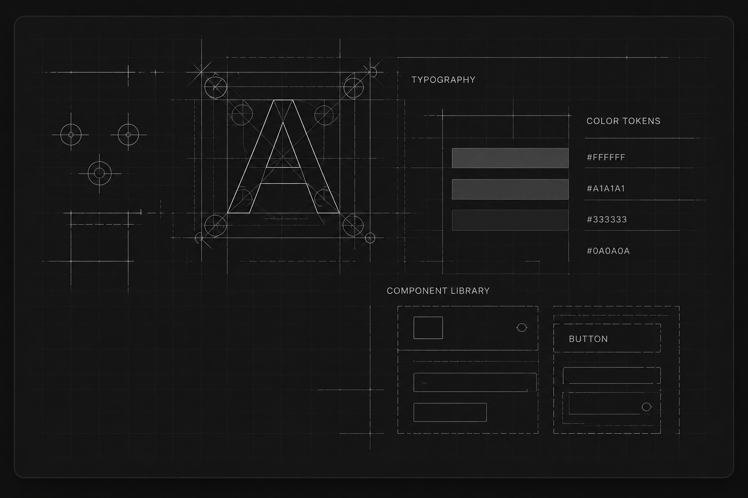 Schematic of a system standard: typography, color tokens and a component library defined as one blueprint.